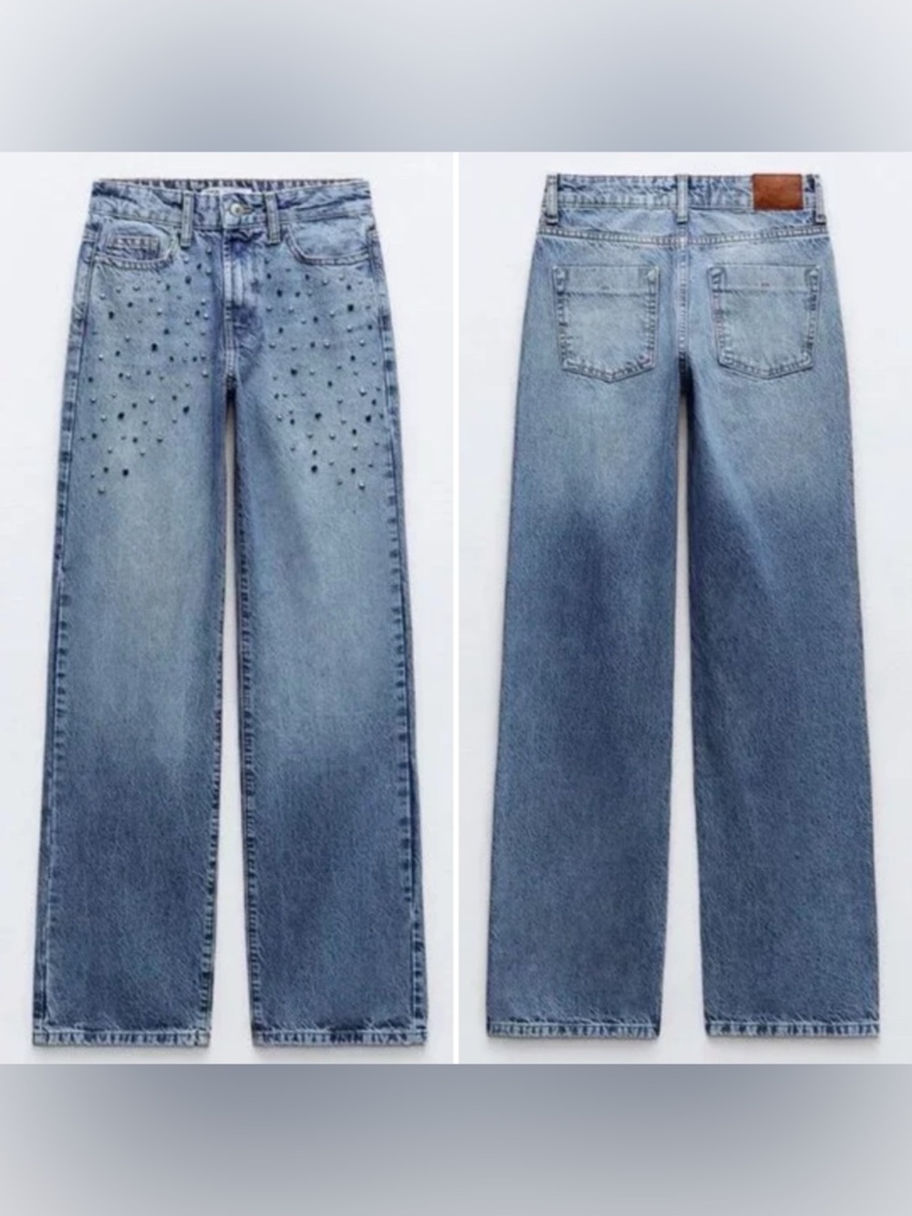 Zara Women’s 2 Rhinestone Studded High Waisted Embellished Cotton Straight Jeans
